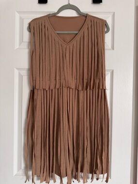 Sleeveless V-Neck Fringe Mini Dress in Light Brown